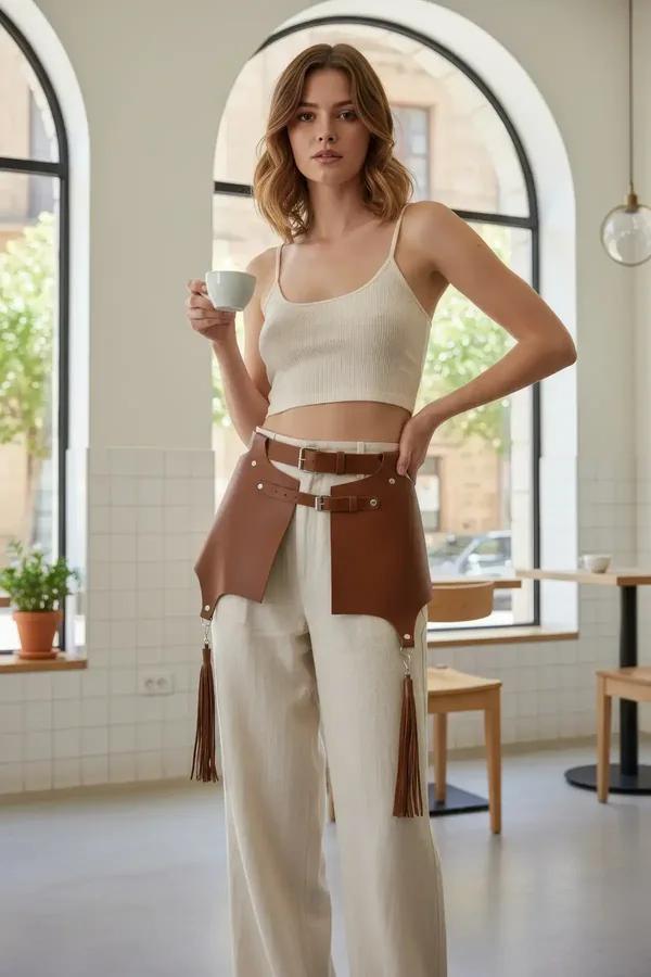 Tan faux leather waist harness with layered hip panels gold buckles and long fringe tassels worn over cream wide-leg trousers