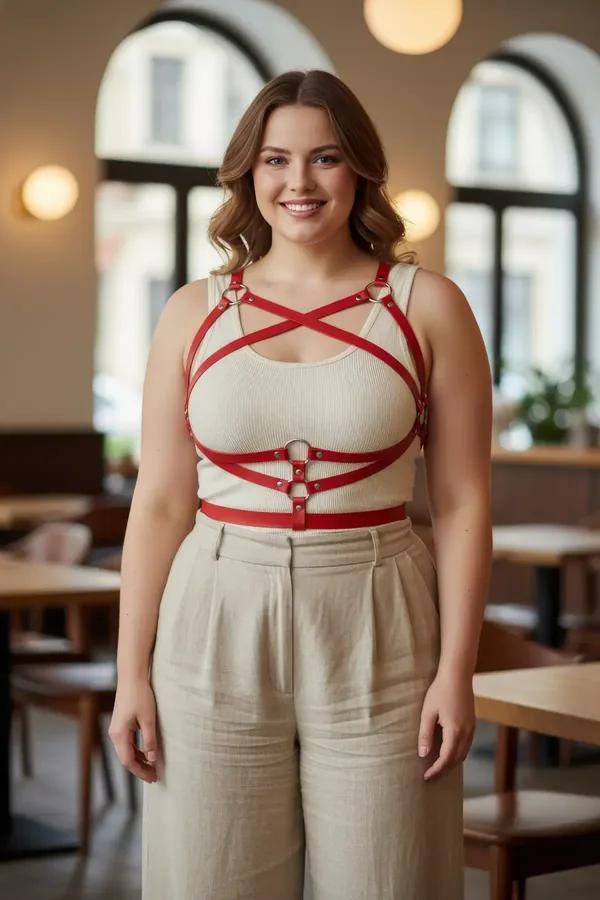 Red faux leather multi-strap crisscross body harness with silver O-rings worn over cream tank top