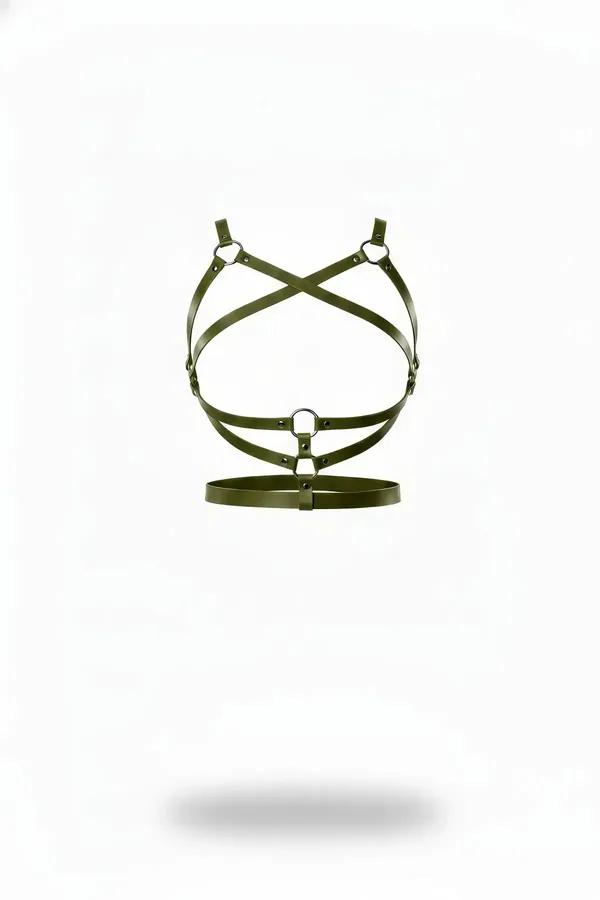 Olive green faux leather cross-strap body harness with silver O-rings and flat waist band, front view