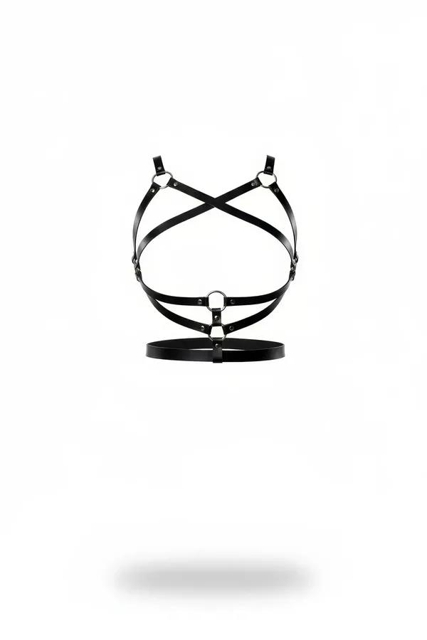 Black faux leather criss-cross chest harness with silver heart rings, central O-ring and a wide 4cm waist belt