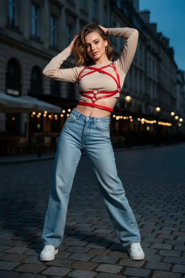 Red faux leather criss-cross chest harness with silver O-rings worn over beige long-sleeve top and wide-leg jeans