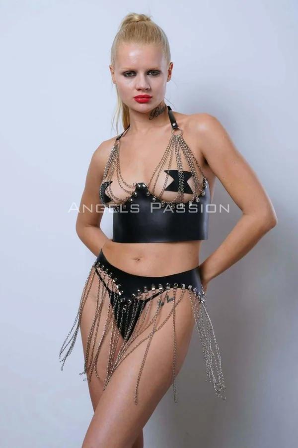 black faux leather halter bra top and high-waist mini skirt set with silver chain fringe and stud rivets