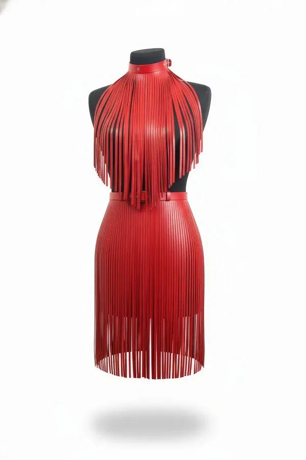 Red faux leather fringe halter top and matching mini skirt set with dense vertical fringe strips and silver snap collar
