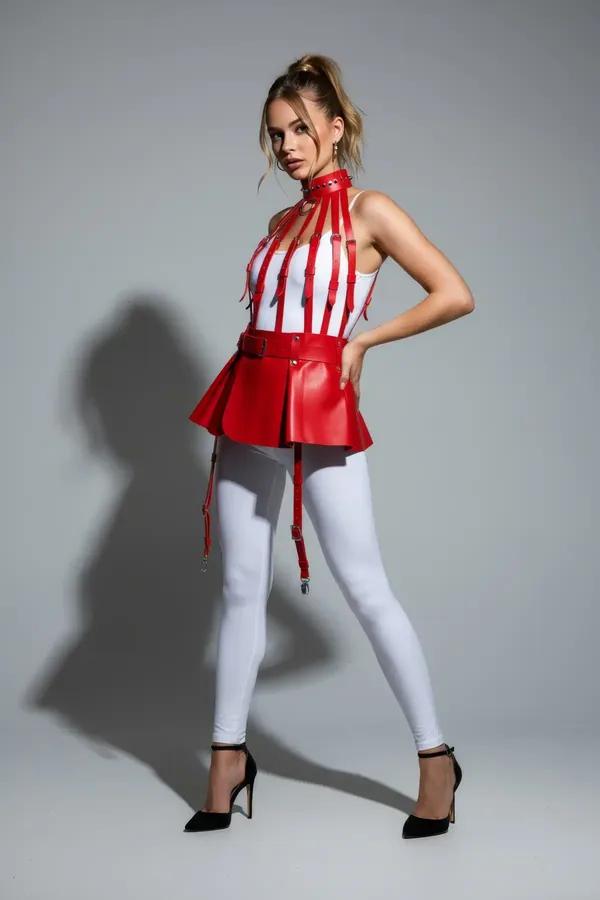Red faux leather cage harness with flared peplum skirt and garter straps, gold-tone hardware, worn over white leggings