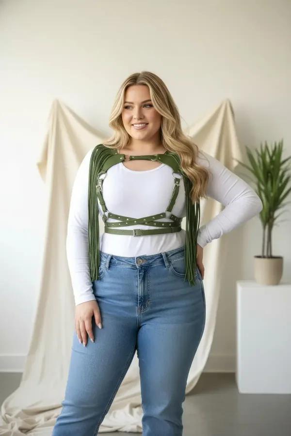 plus size khaki vegan leather body belt with fringed shoulder straps and silver metal buckle detail