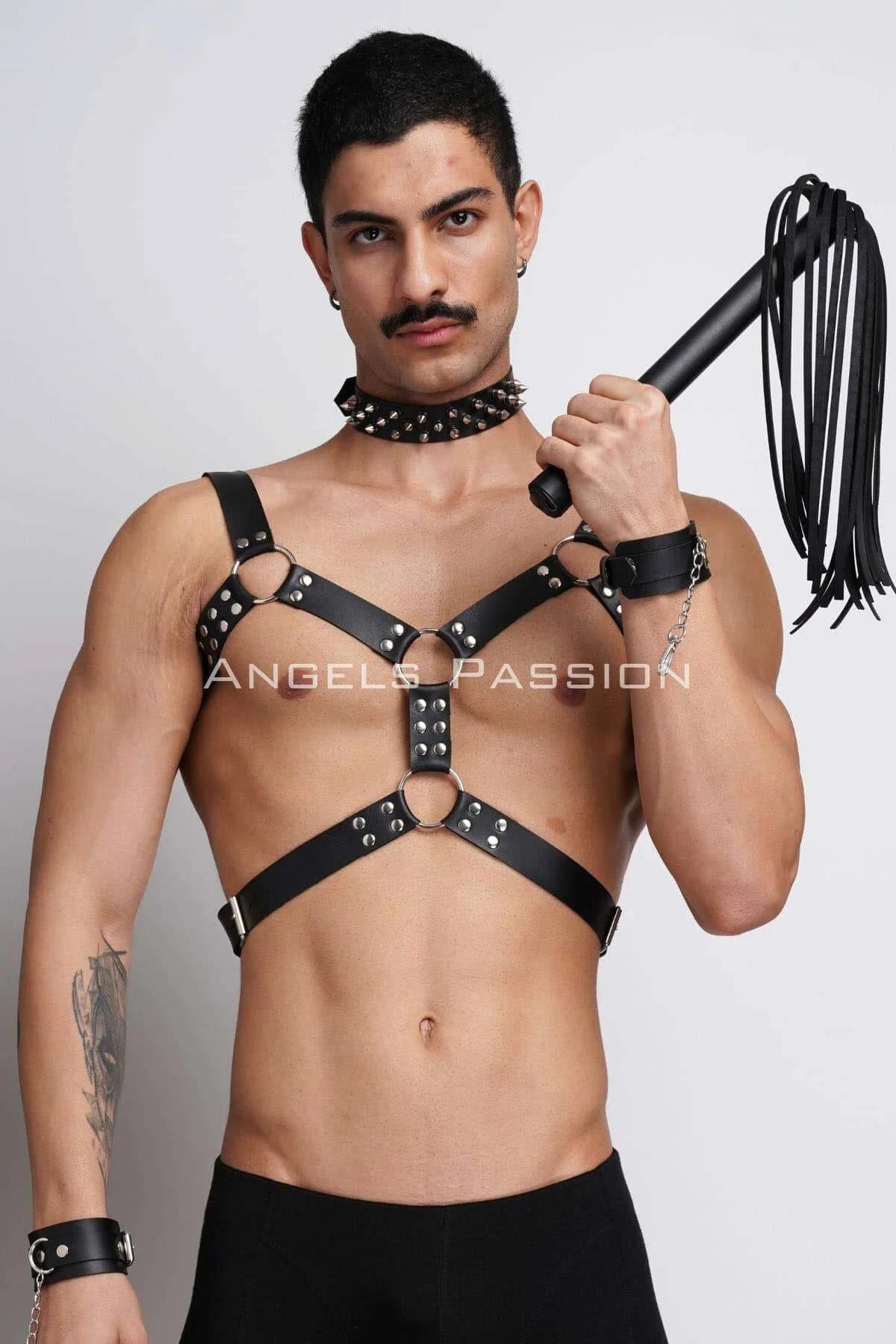 Men's Leather Chest Harness Set with Spiked Choker & Cuffs