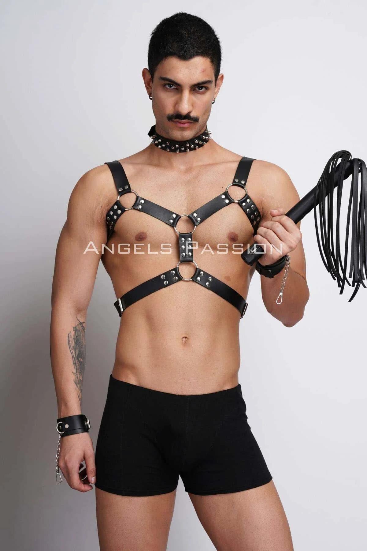 Men's Leather Chest Harness Set with Spiked Choker & Cuffs