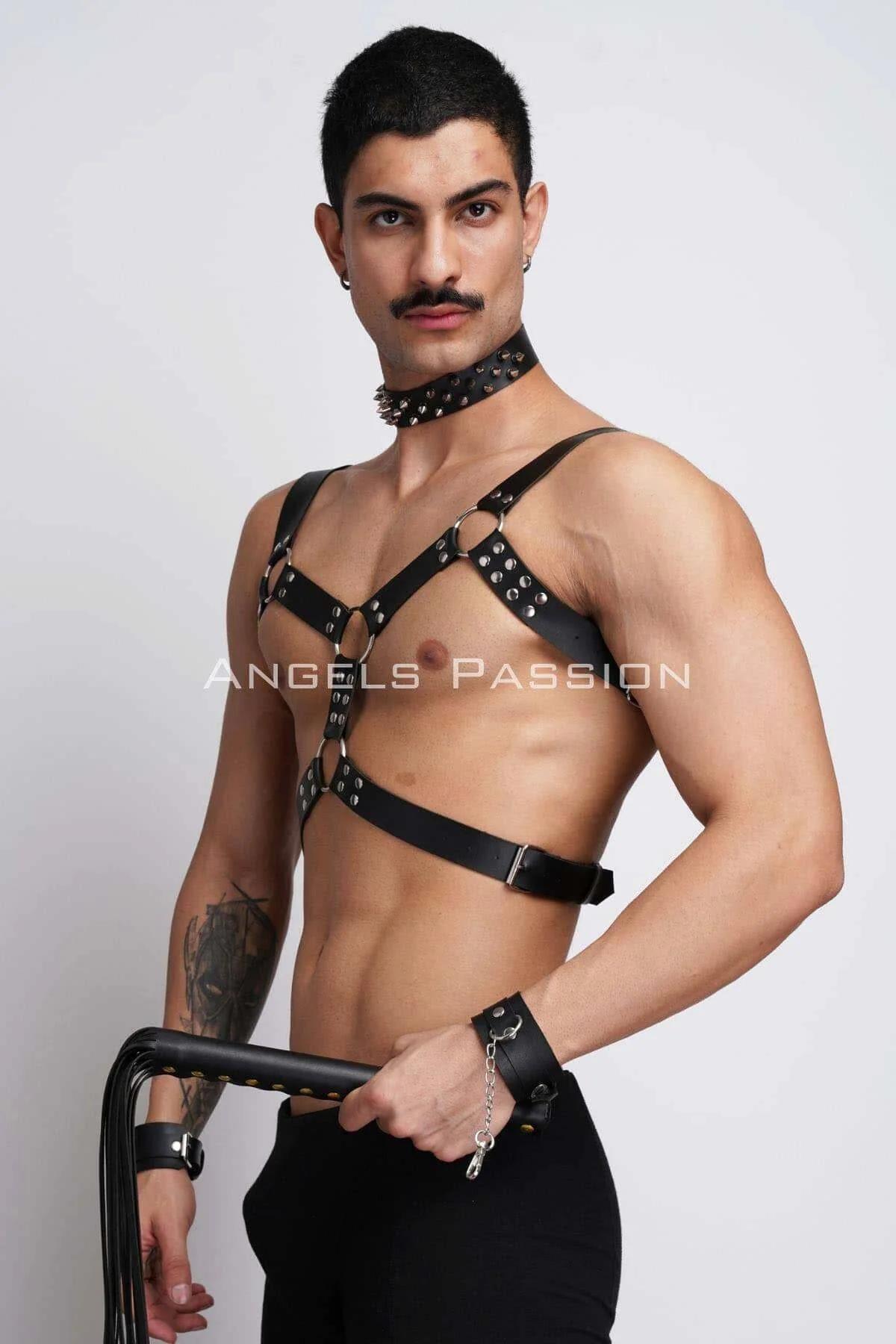Men's Leather Chest Harness Set with Spiked Choker & Cuffs