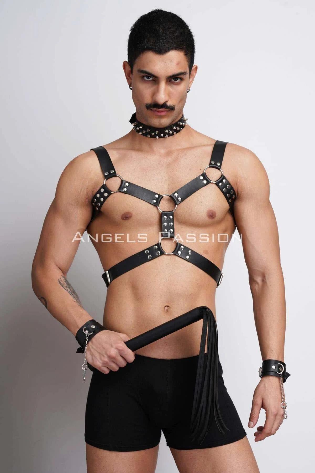 Men's Leather Chest Harness Set with Spiked Choker & Cuffs