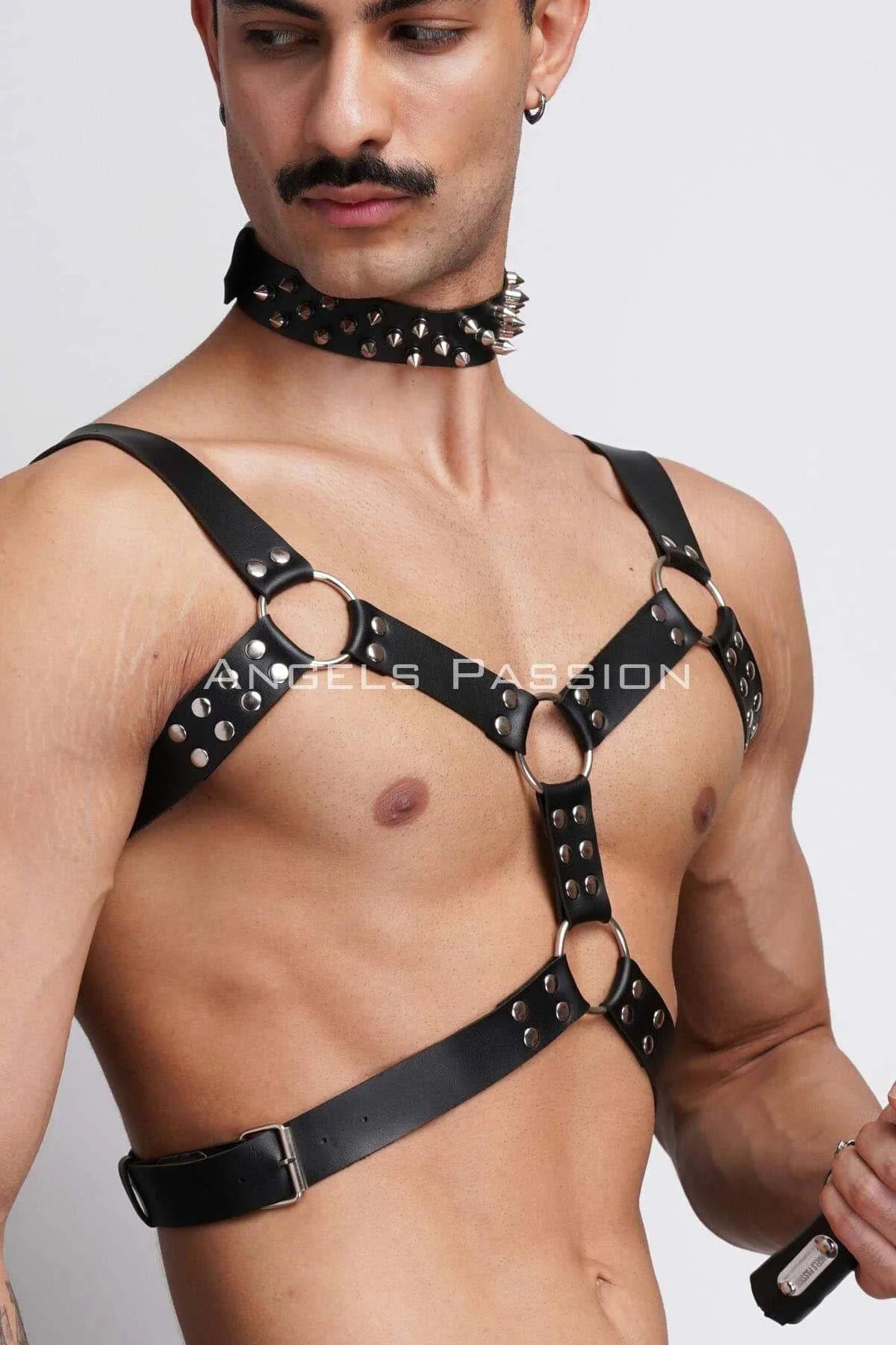 Men's Leather Chest Harness Set with Spiked Choker & Cuffs
