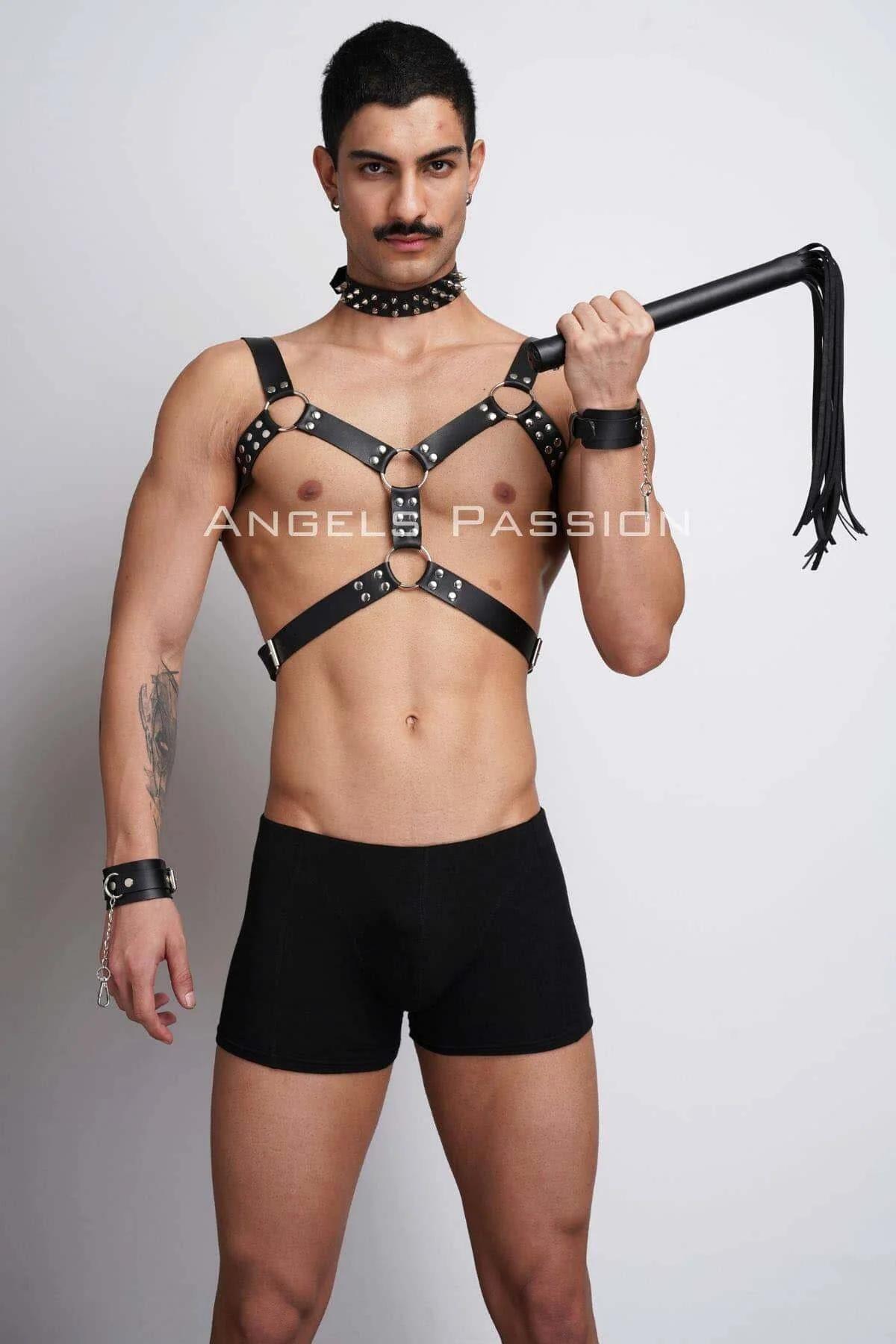 Men's Leather Chest Harness Set with Spiked Choker & Cuffs