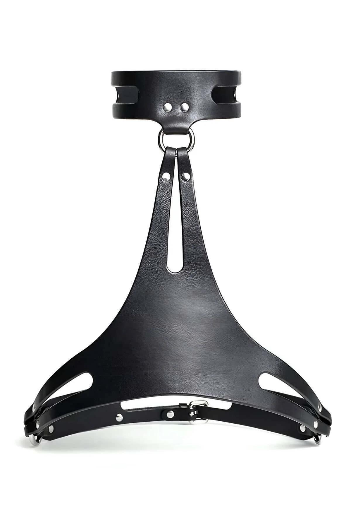 close-up of silver zinc-alloy snap-clip hook connecting black faux leather chest band to chain wrist cuff