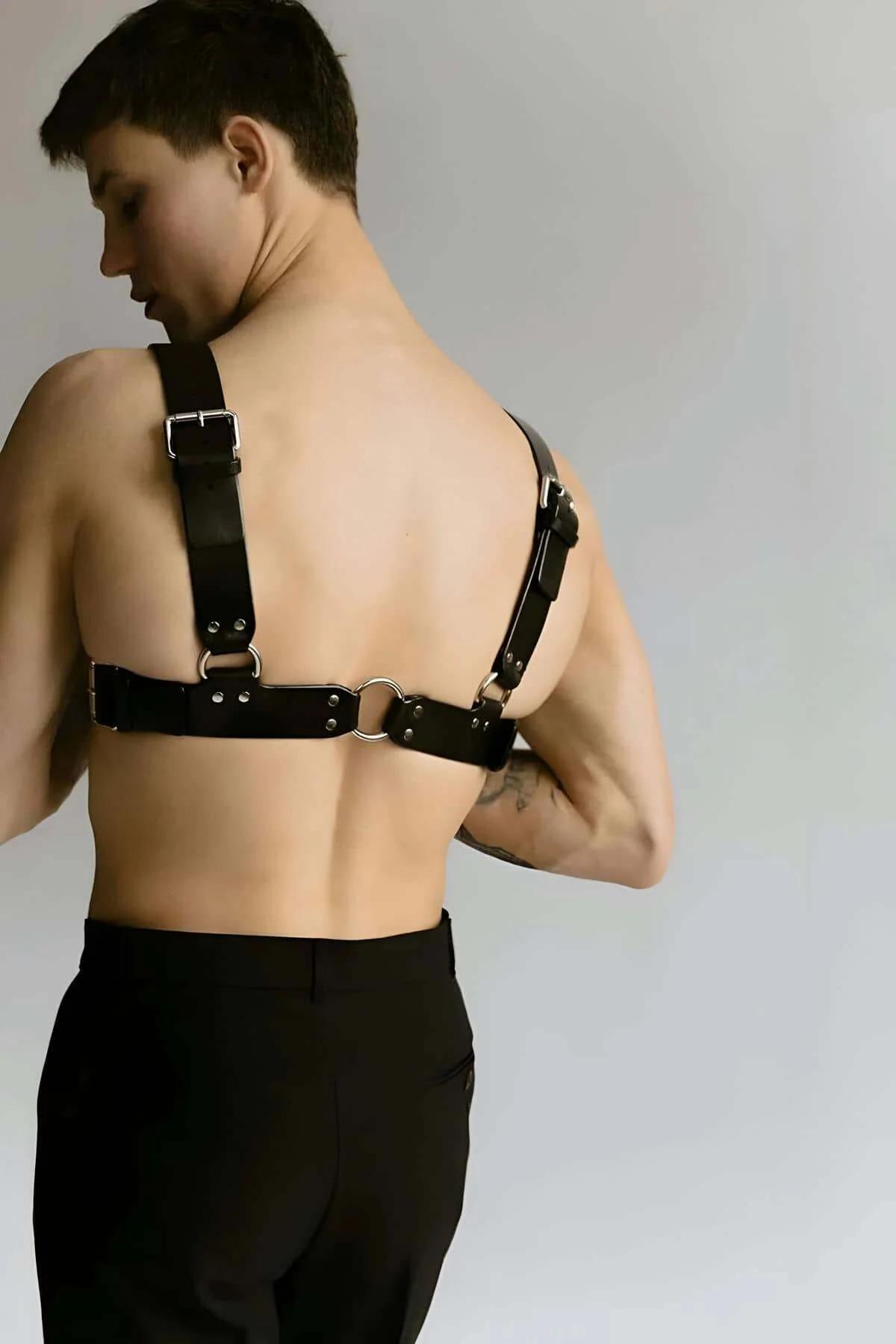 Espresso brown PU faux leather chest harness showing two horizontal wide bands and silver rivets