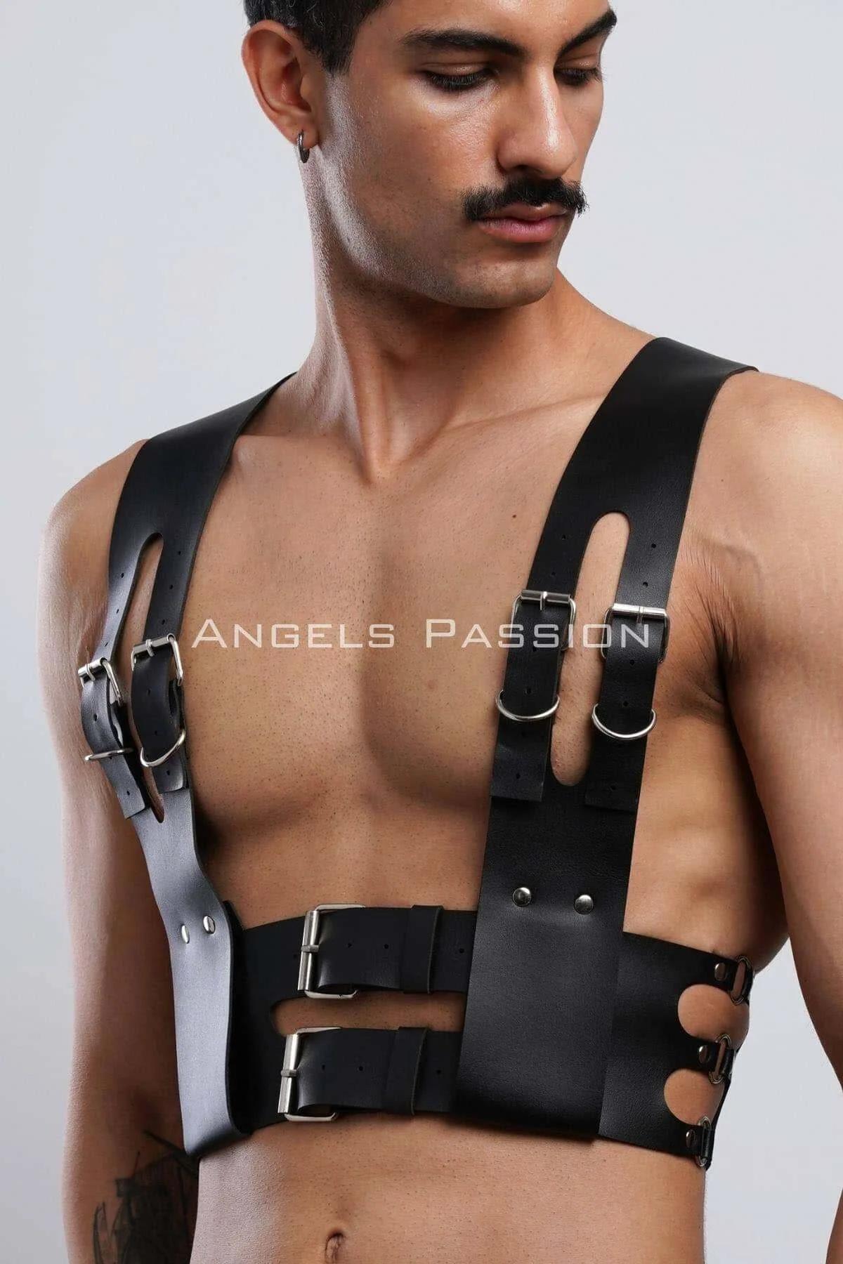 Back view of black PU leather chest harness with flat shoulder straps and silver hardware