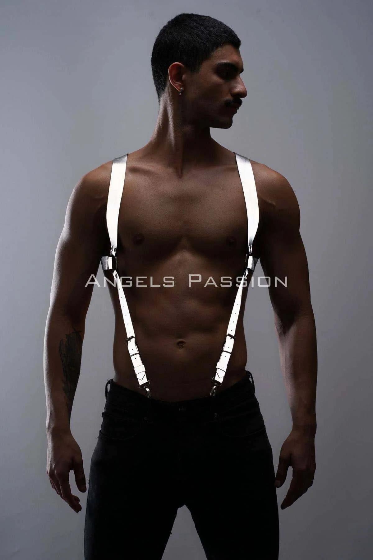Reflective white suspender straps glowing under direct light, Y-back view