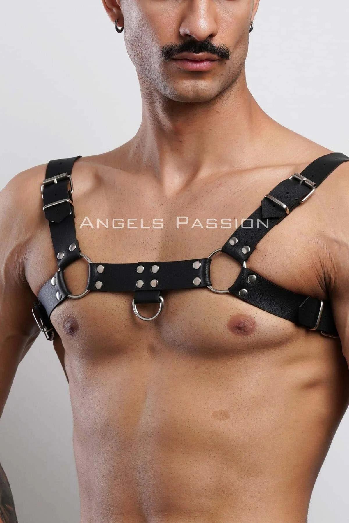 Black Faux Leather Chest Harness with Double O-Ring