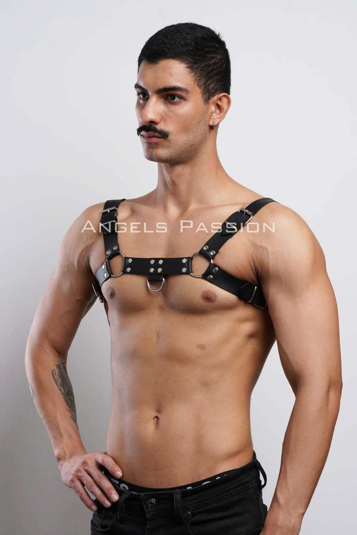 Black Faux Leather Chest Harness with Double O-Ring