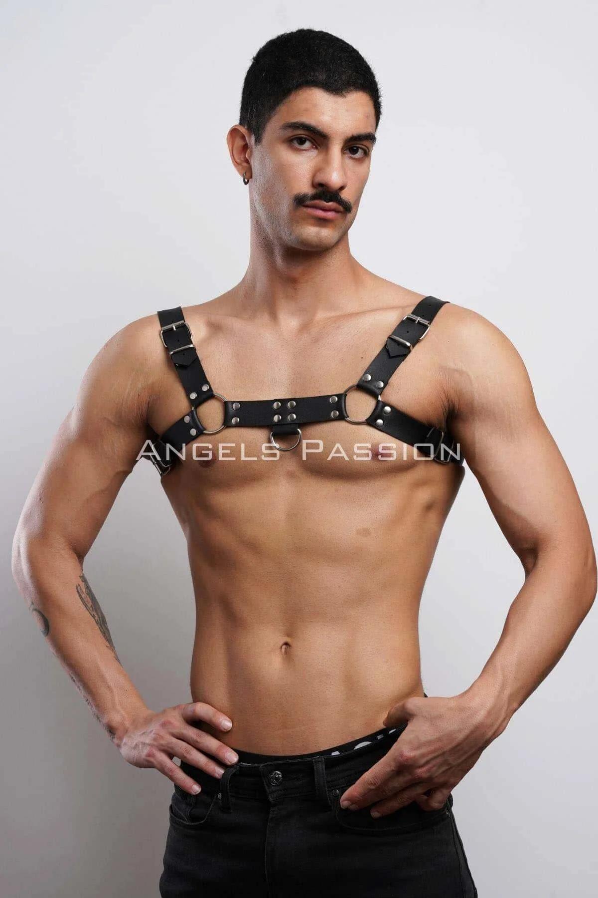Black Faux Leather Chest Harness with Double O-Ring