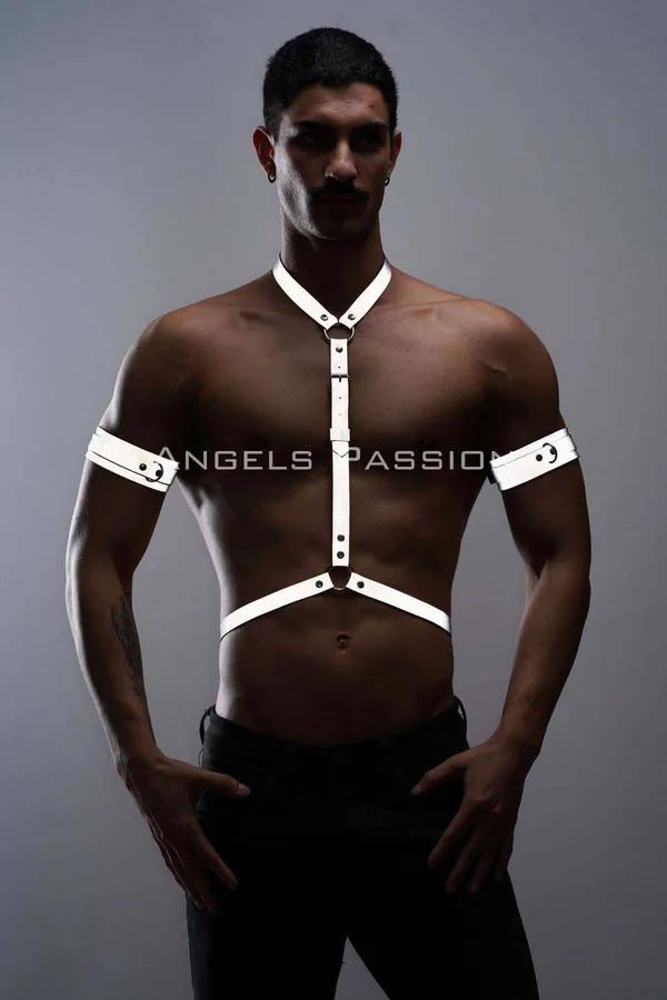 White reflective chest harness with matching armbands, gunmetal O-ring, and snap closures on male model