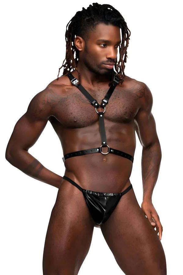 black faux leather chest harness with dual silver O-rings and adjustable shoulder straps on male model