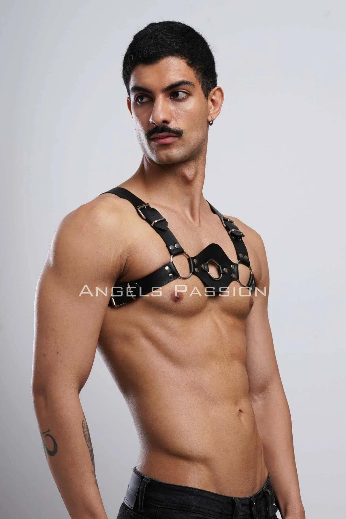 front view black vegan leather chest harness showing wide panel and central O-ring detail