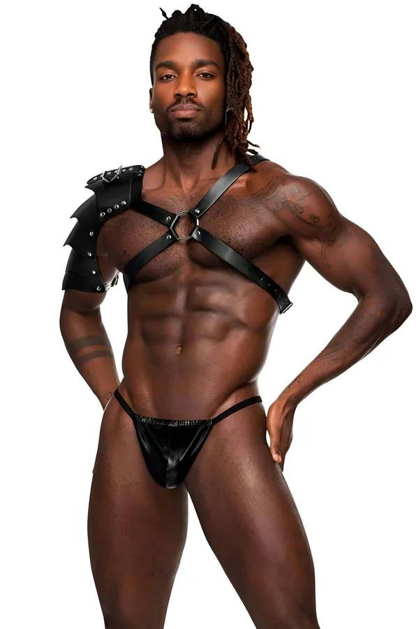 Black faux leather armored shoulder harness with silver studded pauldron and central O-ring chest strap on male model
