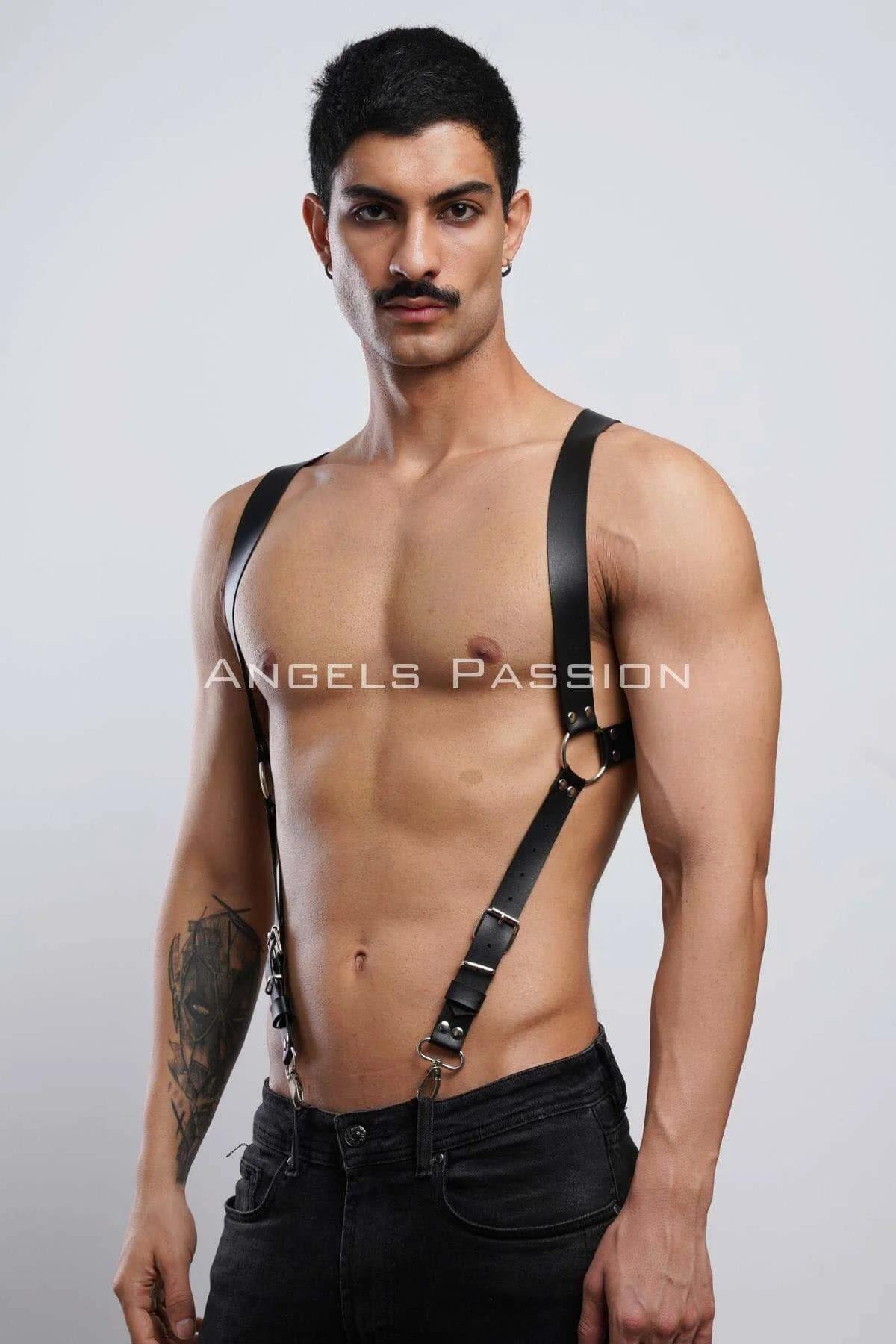 black chest harness with suspender silhouette styled over bare chest festival look