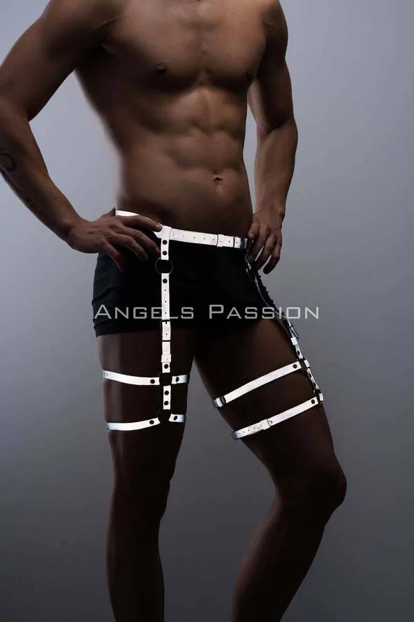 white reflective thigh harness with adjustable straps and silver O-ring waist band on male model
