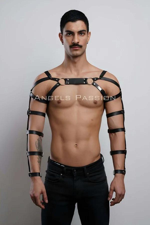black faux leather chest and arm harness with five arm strap bands and silver O-rings on male model