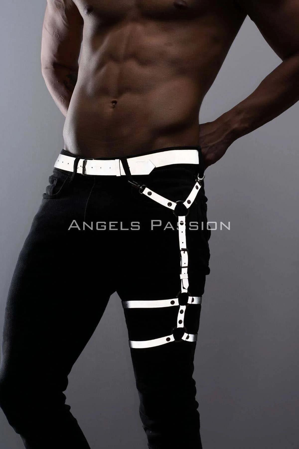 Reflective leg harness white side view showing full thigh strap configuration over dark pants