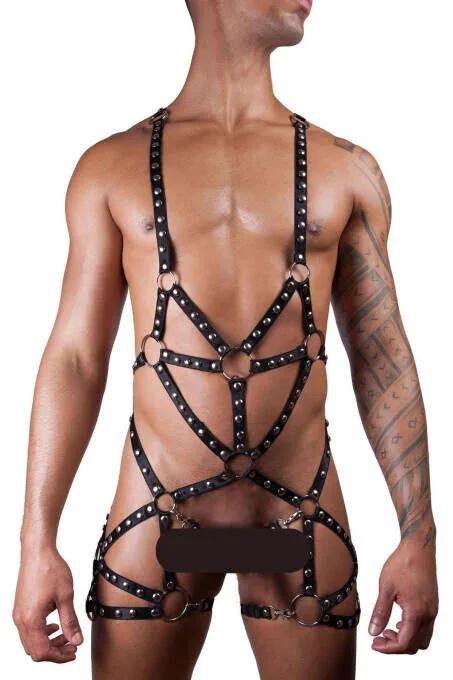 black vegan leather studded full body harness with silver O-rings worn by male model, geometric strap pattern chest to thighs