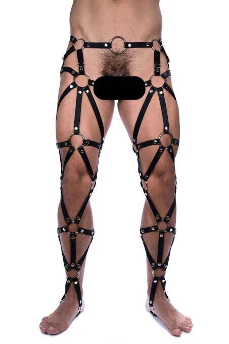 Black faux leather full leg harness with silver O-rings and geometric strap pattern on male model