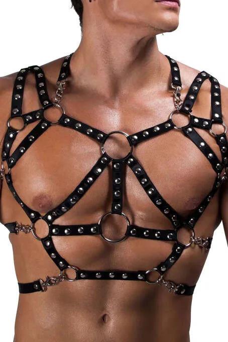 Black faux leather full body harness with silver dome studs and five O-rings on male model
