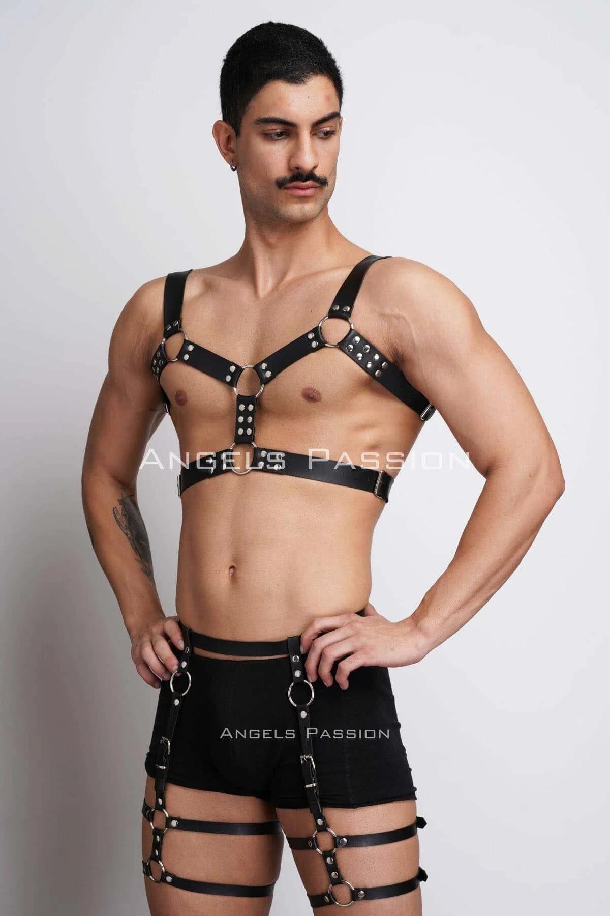 black vegan leather chest harness with central silver O-ring and rivet stud mid-band close-up