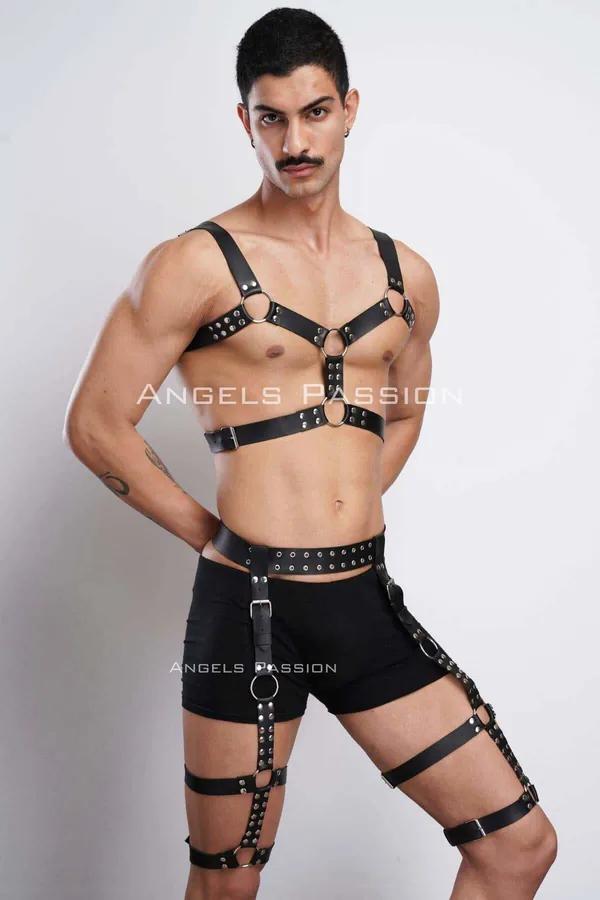 black faux leather full body harness with silver O-rings and rivet studs on chest and thigh straps