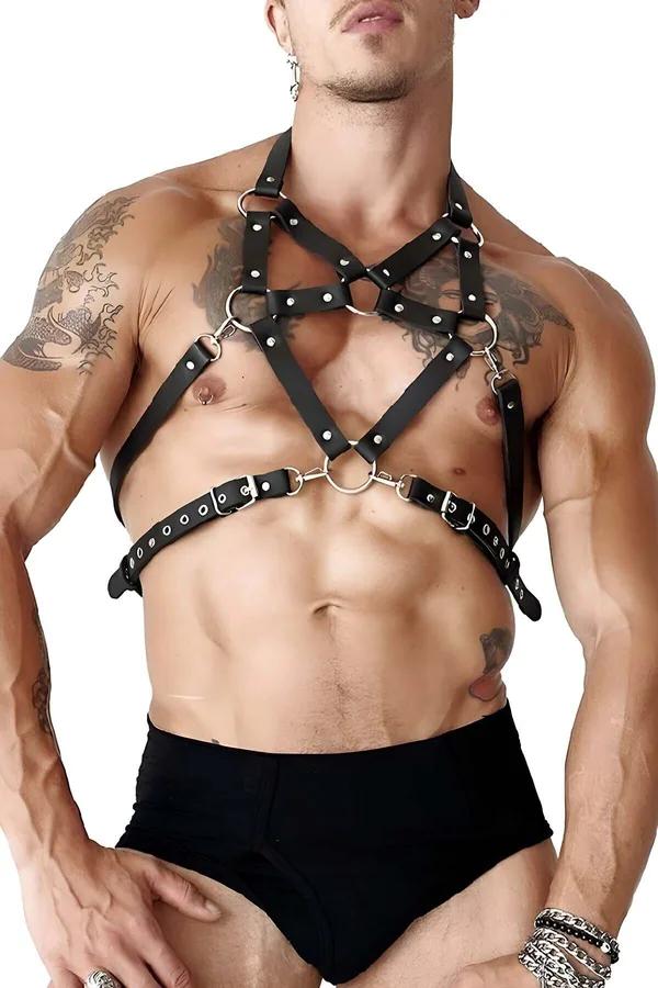 Black faux leather pentagram chest harness with silver O-rings and adjustable grommet waist band worn by male model