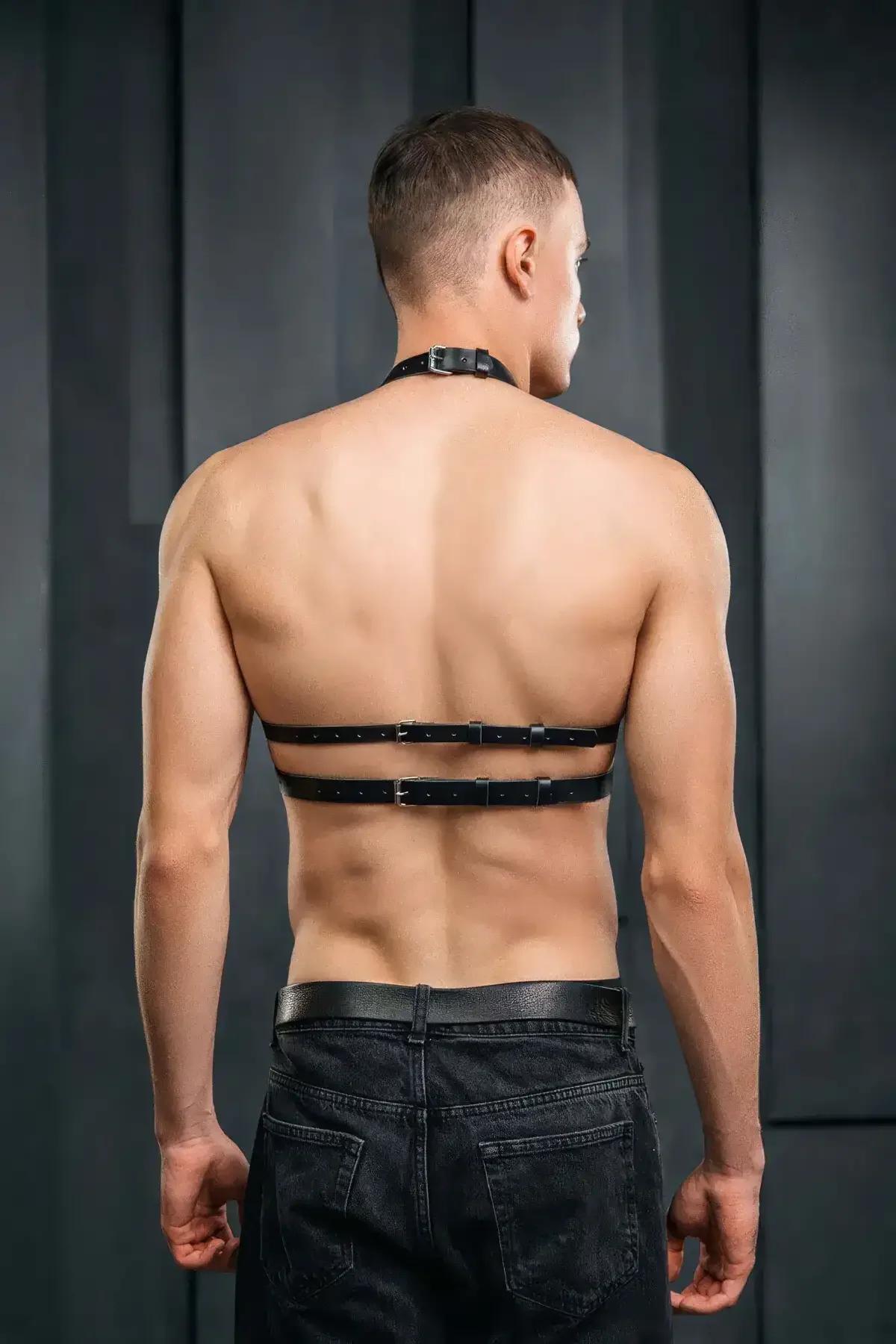 Front view black PU leather chest harness showing V-strap and center sternum O-ring detail