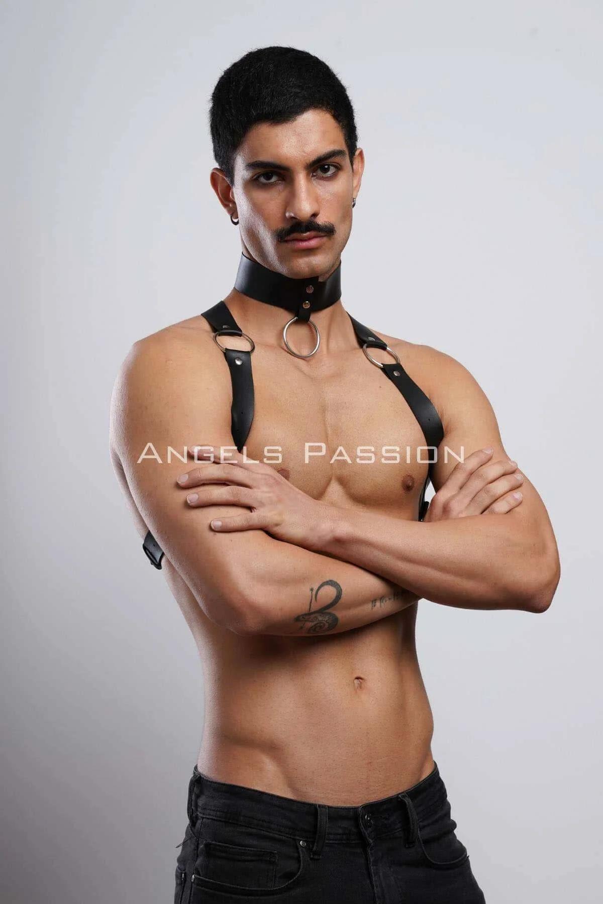 Black PU leather choker band with snap closure and shoulder harness straps, rear view