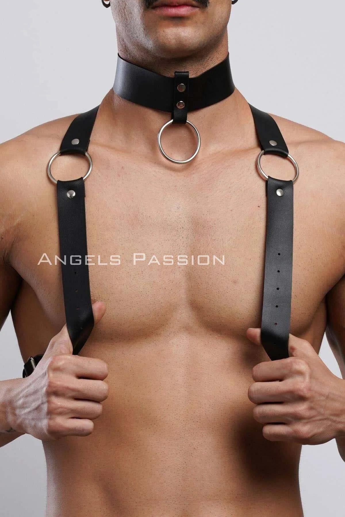 Mens Leather Harness with Adjustable Chest Straps & Choker