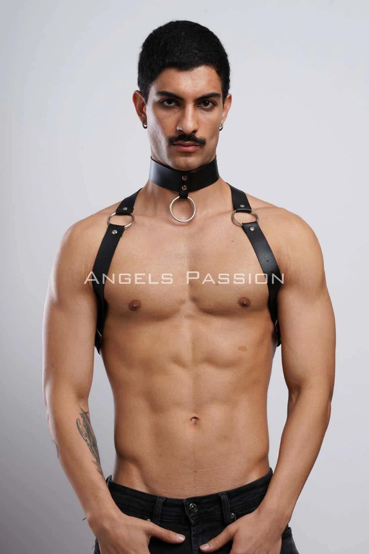 Mens Leather Harness with Adjustable Chest Straps & Choker