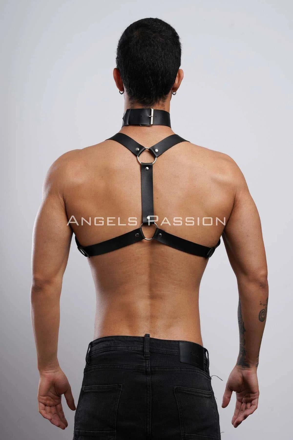 Mens Leather Harness with Adjustable Chest Straps & Choker