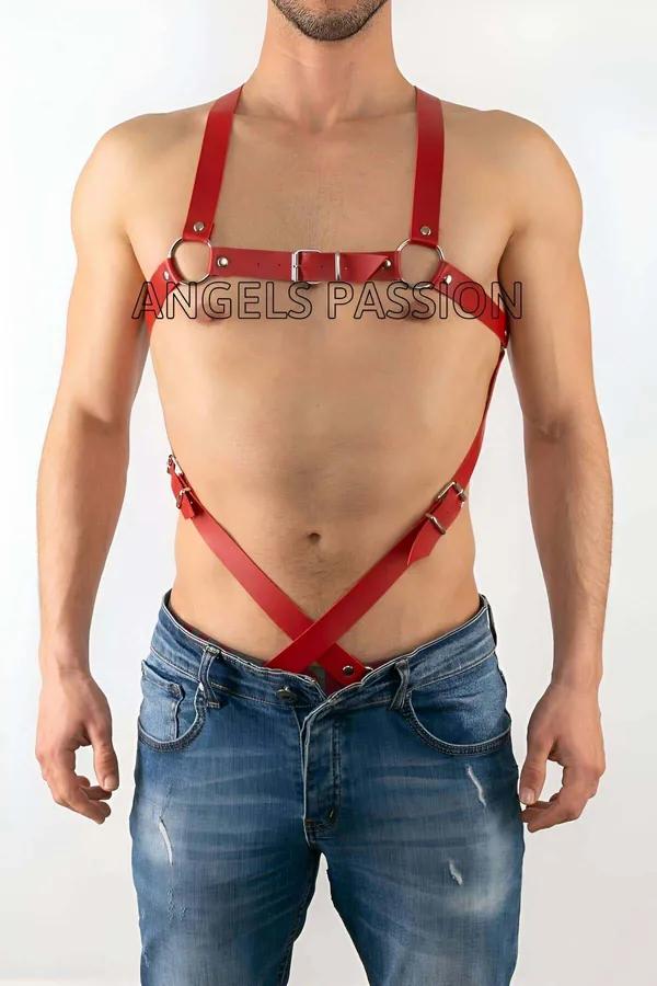 Adjustable red faux leather body harness with silver O-ring chest band and X-cross waist straps on male model