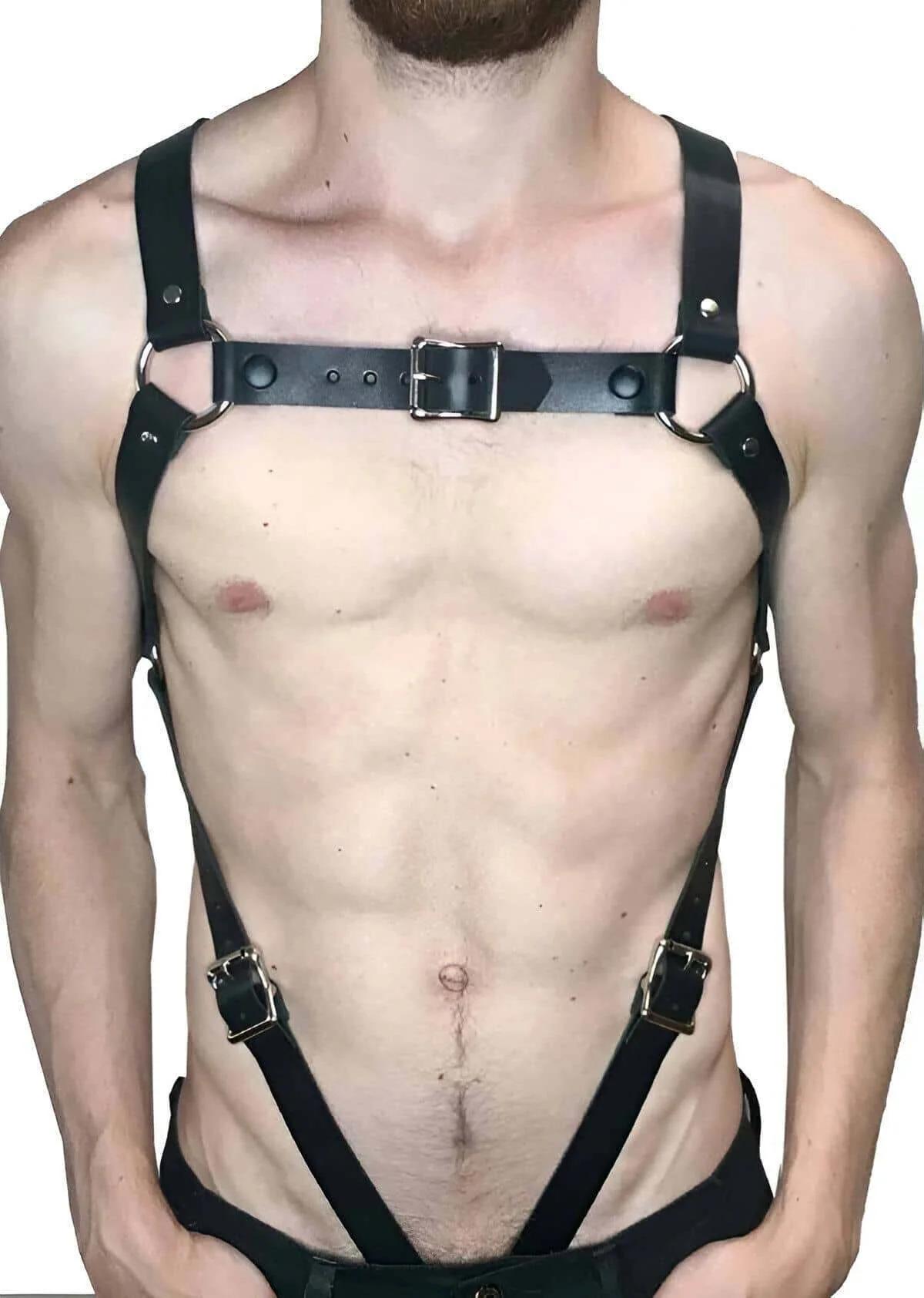 shoulder strap and chest panel configuration of black faux leather body harness