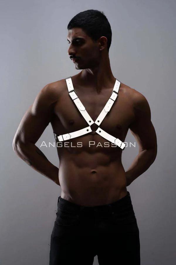 white reflective chest harness X-cross adjustable straps silver buckles men festival fashion