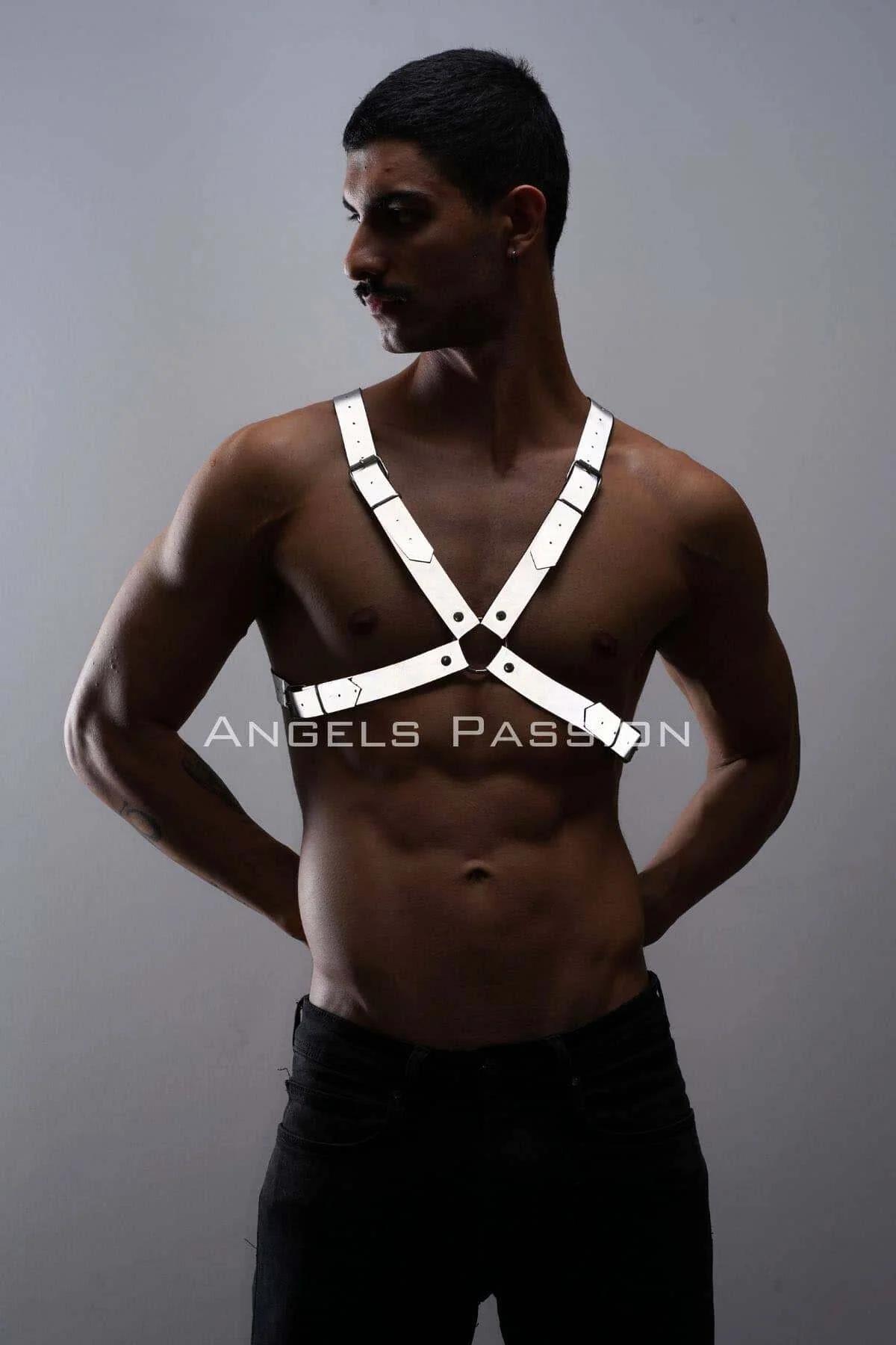 white reflective chest harness X-cross adjustable straps silver buckles men festival fashion