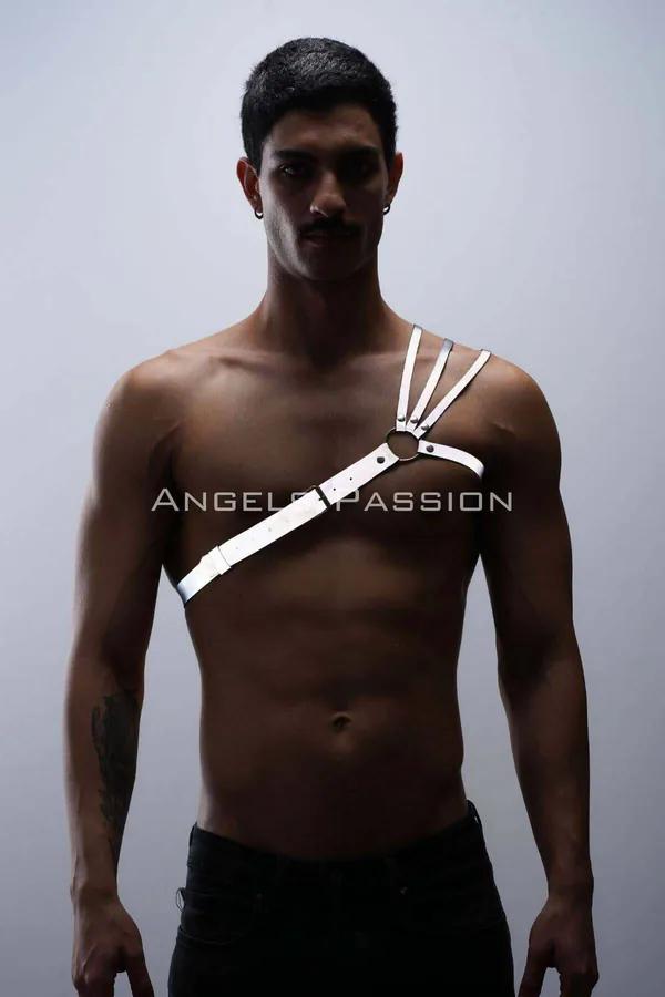 White reflective asymmetrical chest harness with triple fan straps and silver O-ring on male model