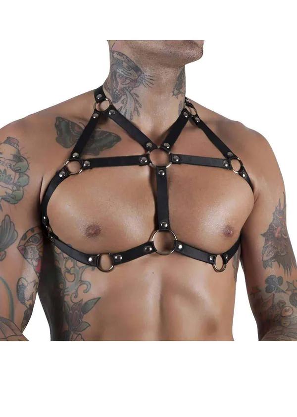 Black faux leather chest harness with five silver O-rings and dome studs worn by tattooed man