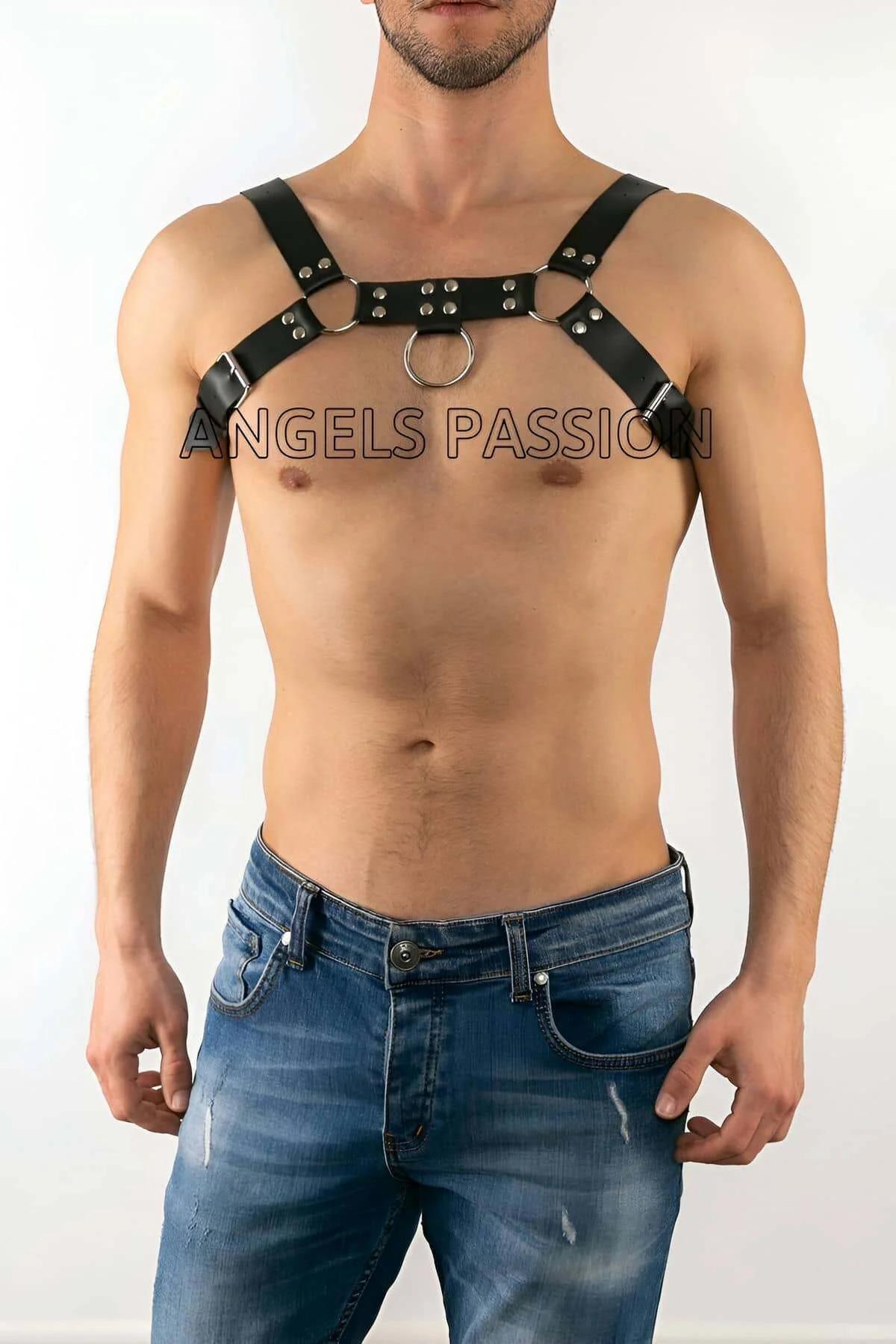 Side view of black PU leather chest harness showing adjustable buckle closure on shoulder strap