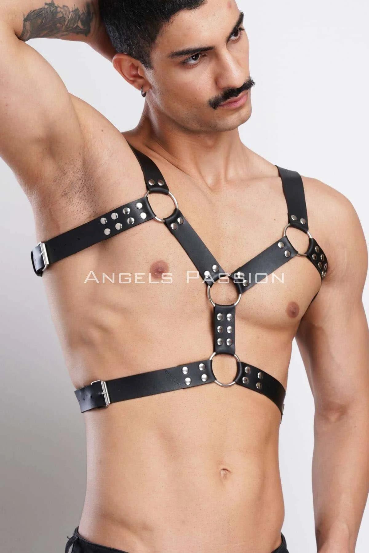 back view of adjustable buckle closure on black faux leather chest harness