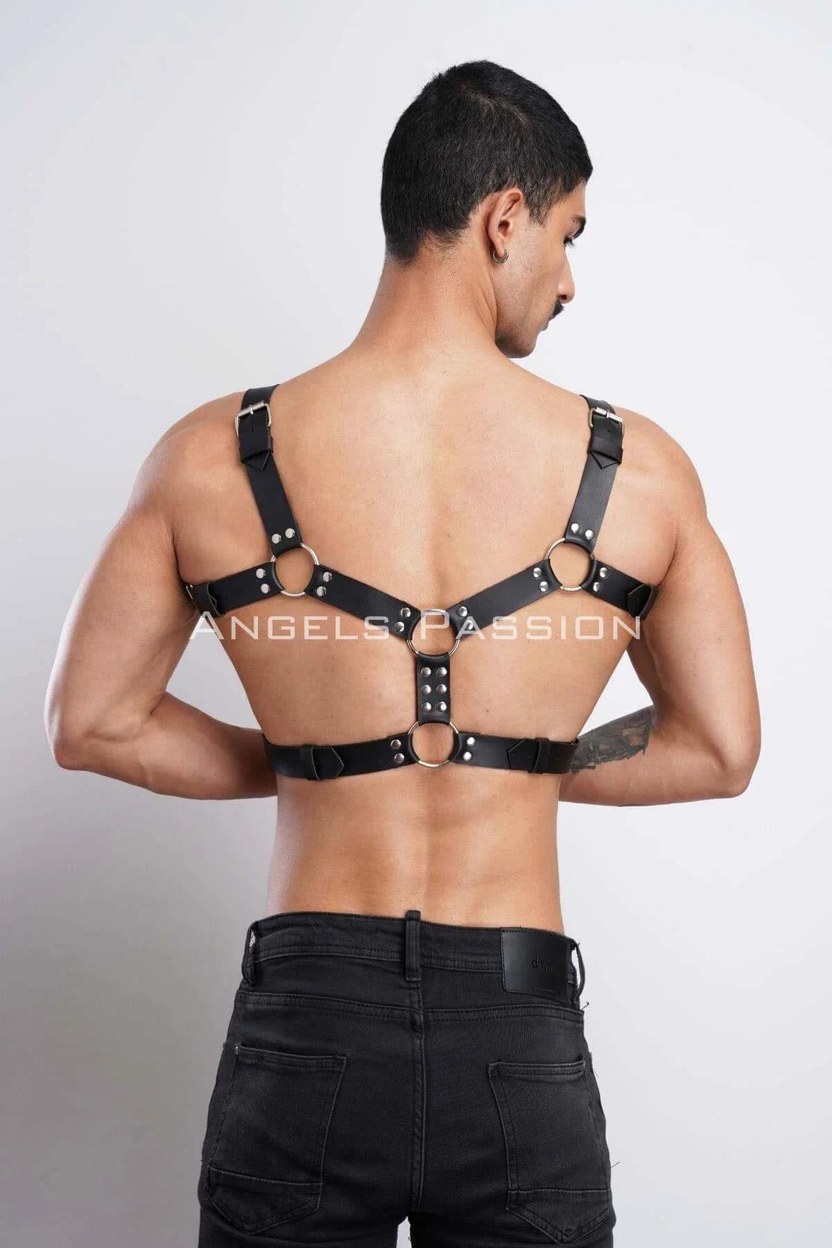 Black Studded Faux Leather Chest Harness Triple O-Ring